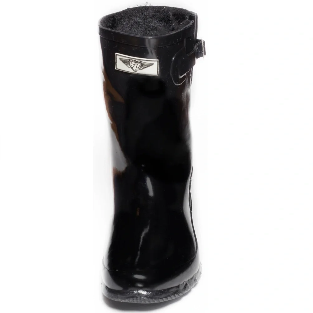 Women's Rain Boots, Rubber Mid Calf Lined RainBoots, RB-1502, Fur Black
